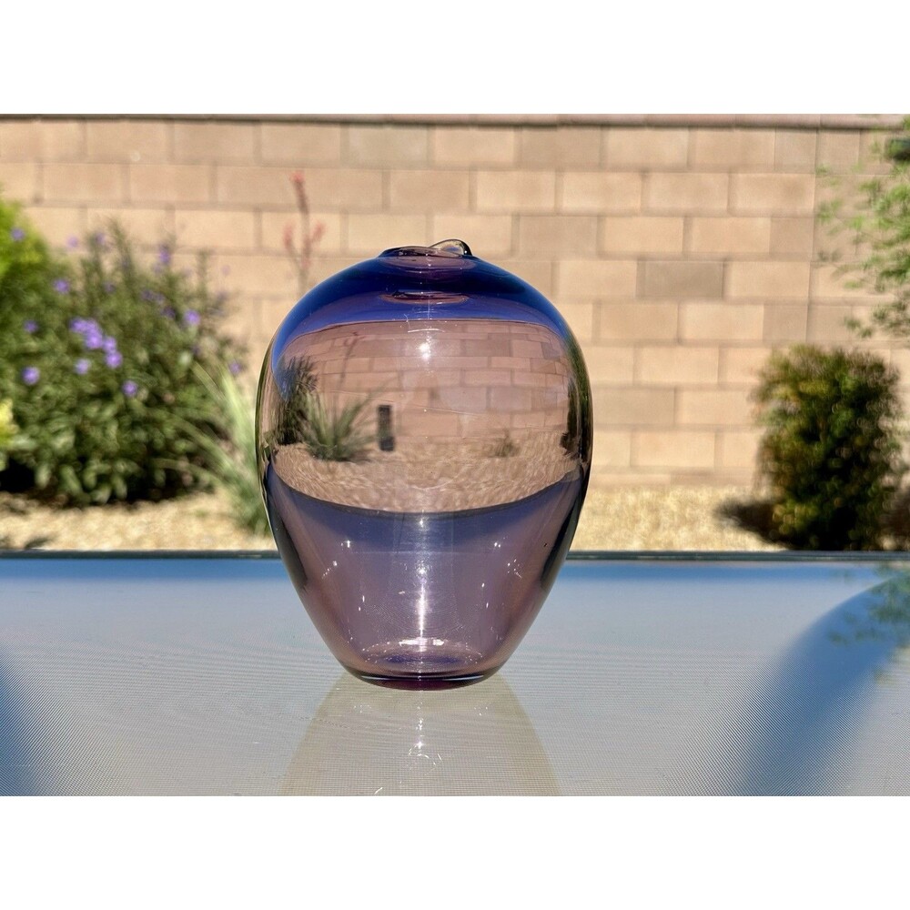 Vintage Amethyst Purple Hand Blown Glass Vase Bulbous Studio Artisan Decor